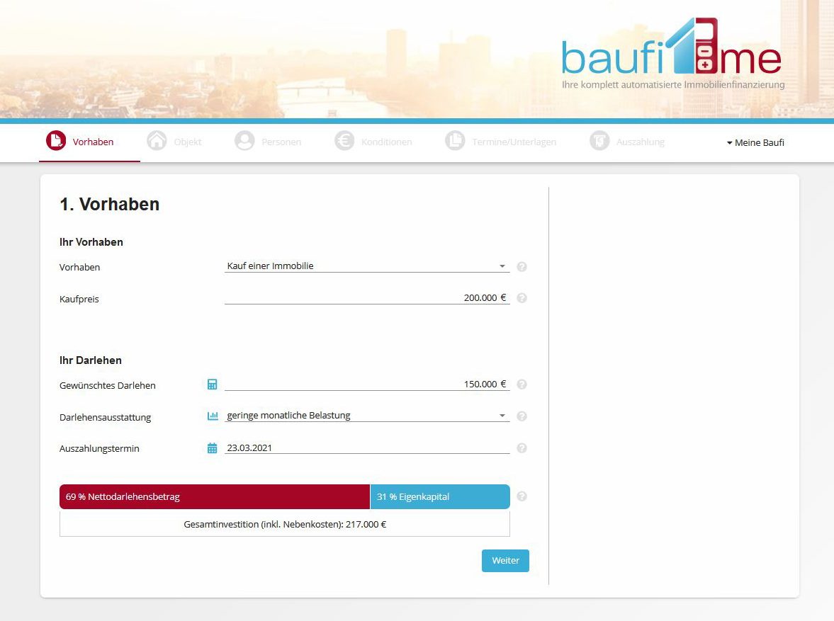 baufi.me - digitale Baufinanzierung Schritt 1 Vorhaben