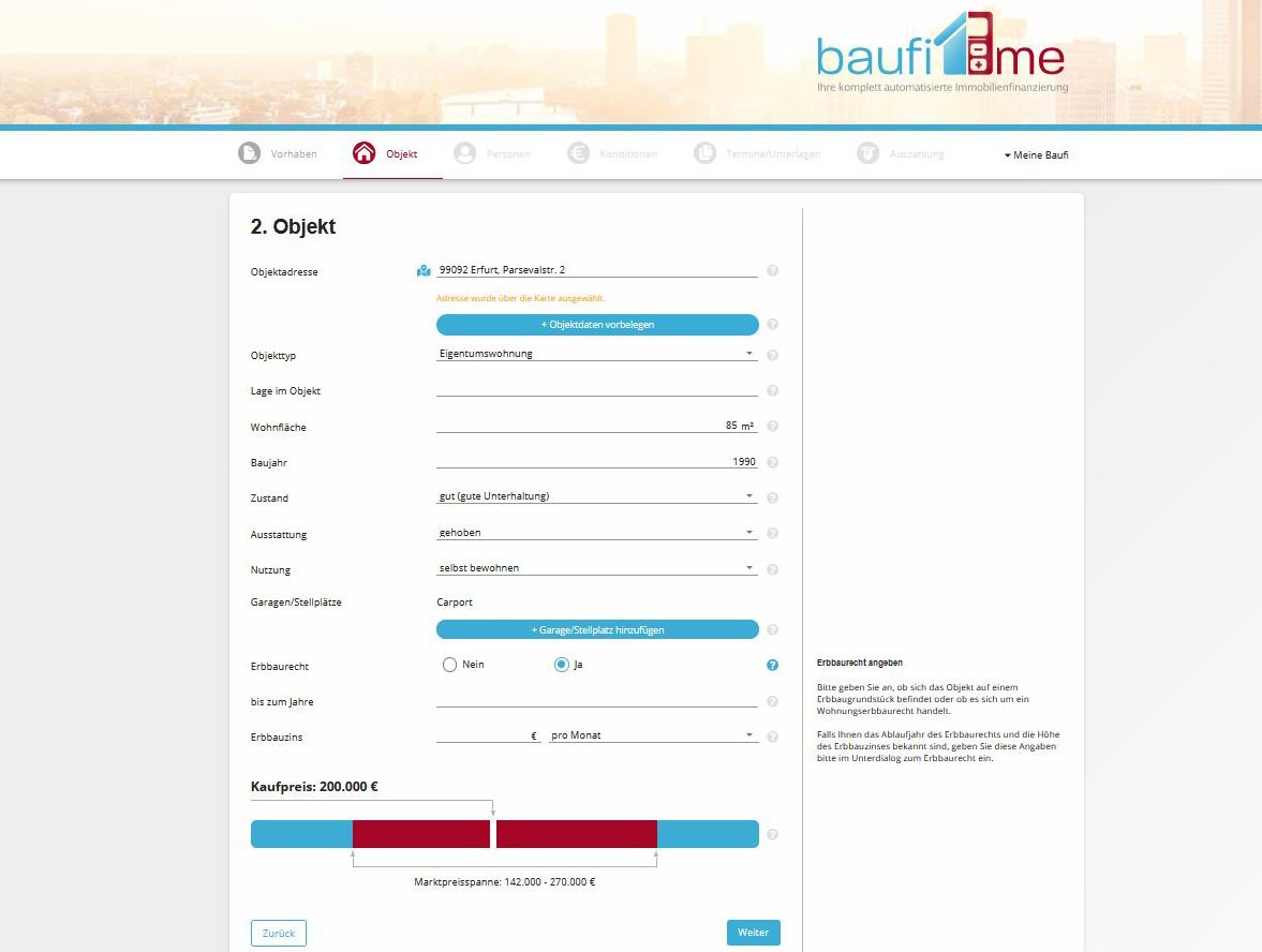 baufi.me - digitale Baufinanzierung Schritt 2 Objektangaben