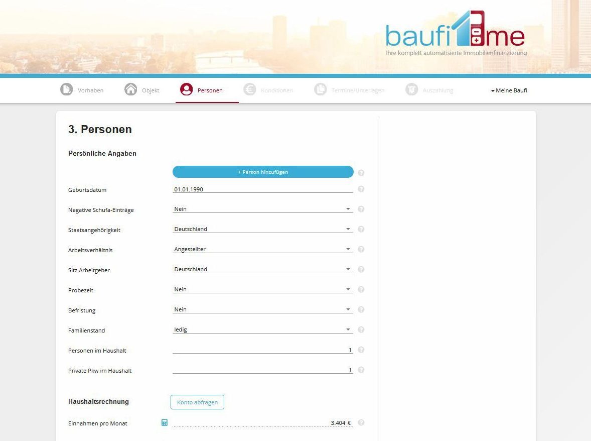 baufi.me - digitale Baufinanzierung Schritt 3 Persönliche Angaben