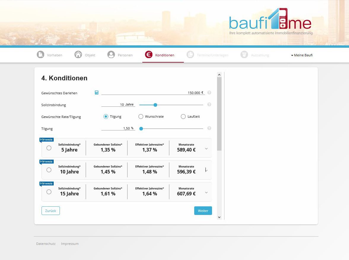 baufi.me - digitale Baufinanzierung Schritt 4 Konditionen