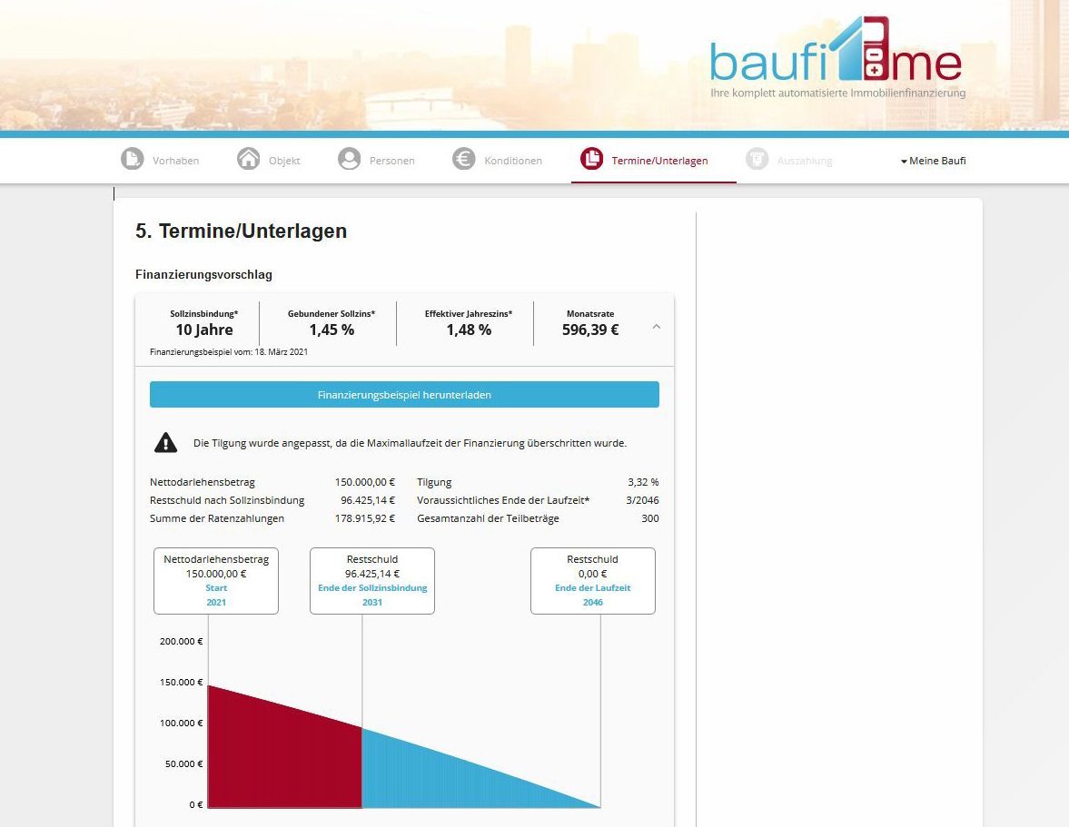 baufi.me - digitale Baufinanzierung Schritt 5 Termine und Unterlagen