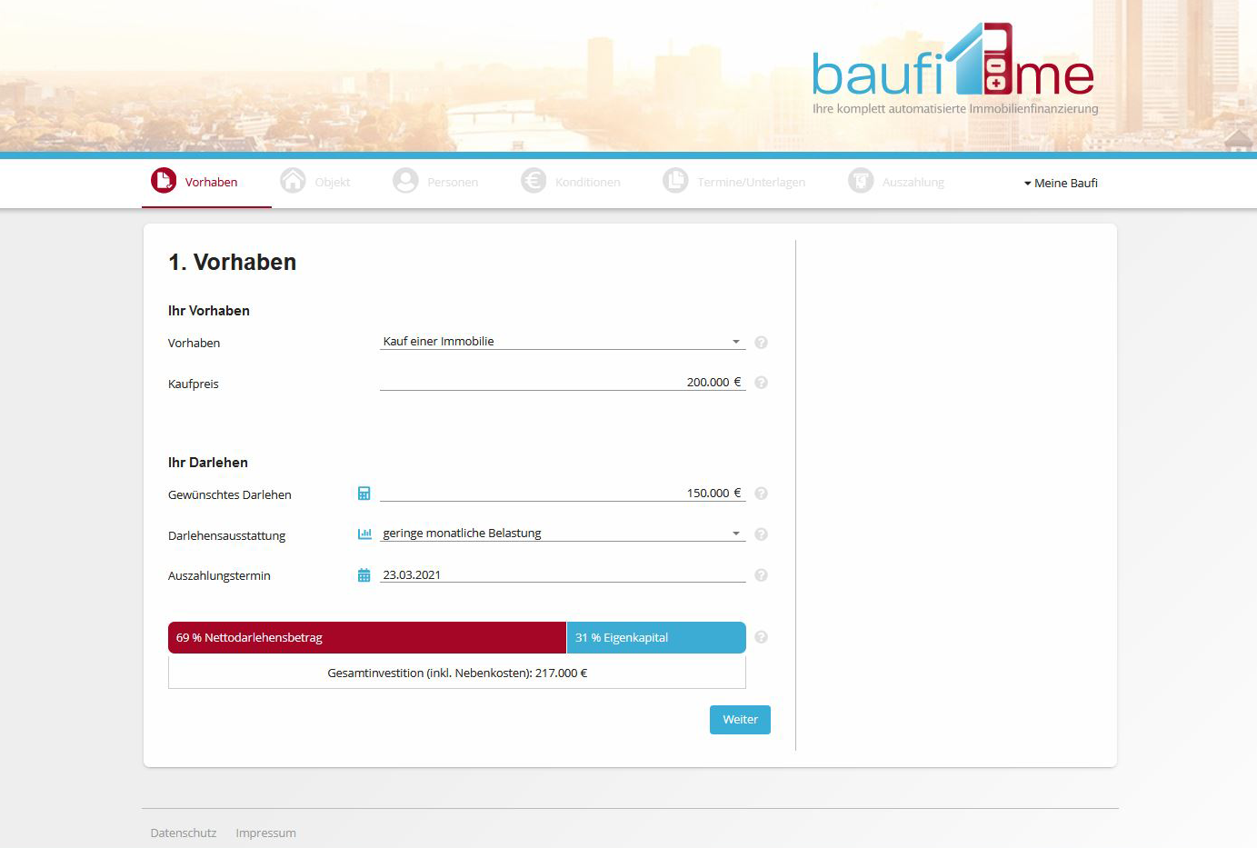 baufi.me - digitale Baufinanzierung Schritt 1 Vorhaben